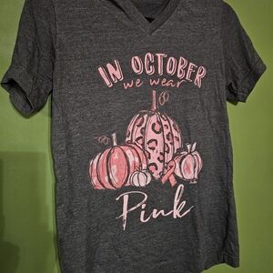 Gray V-Neck T-Shirt with Pink Pumpkin Design Breast Cancer Awareness